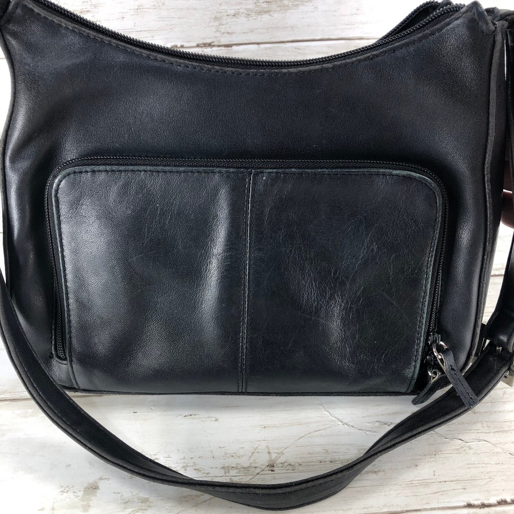 East 5th Black Leather Crossbody Bag Multi Pocket Shoulder Purse Silver Hardware - Picture 5 of 6